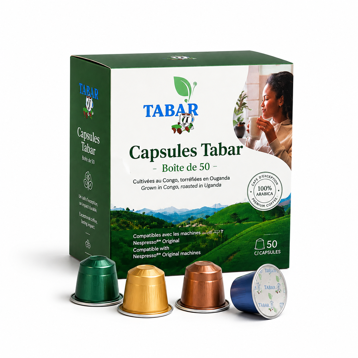 Boîte de 50 capsules Tabar Café compatibles Nespresso® Original — cultivées au Congo, torréfiées en Ouganda